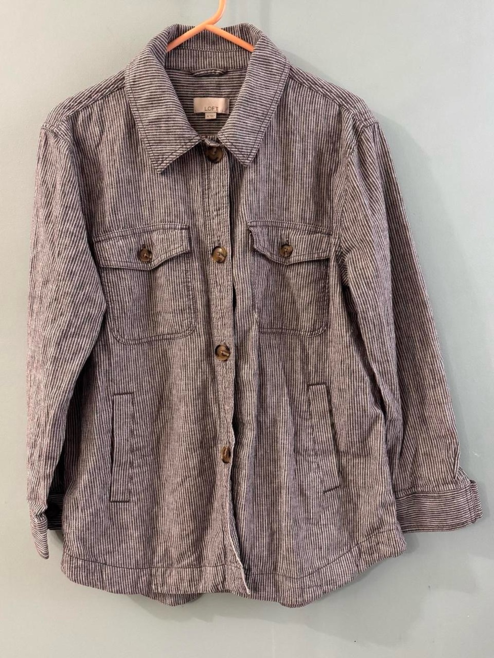 LOFT Gray Striped Linen blend Barn Jacket